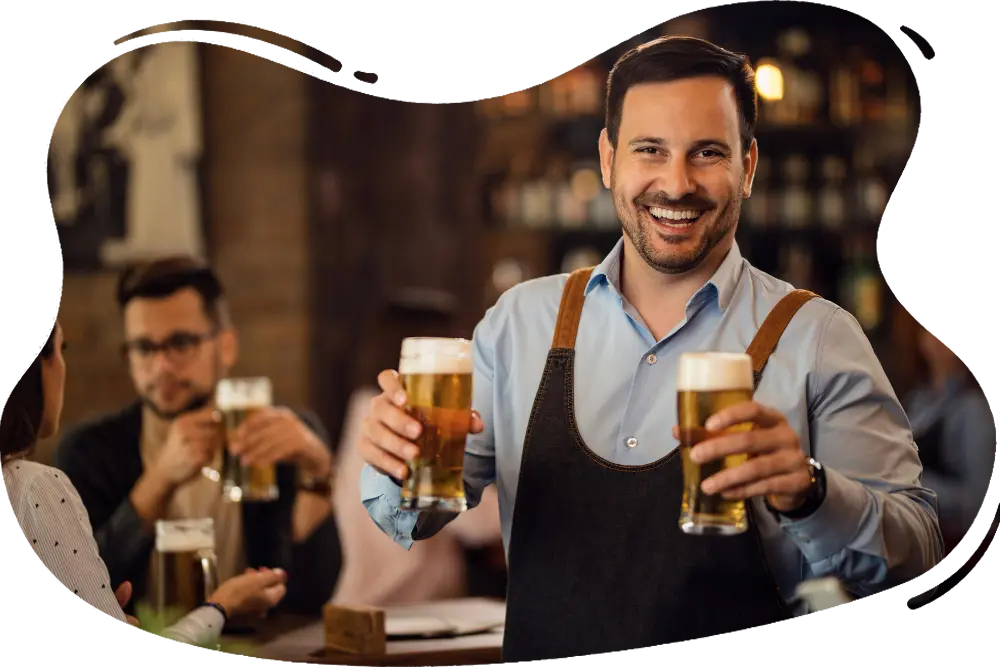 happy-waiter-holding-two-glasses-beer-looking-camera-while-working-pub